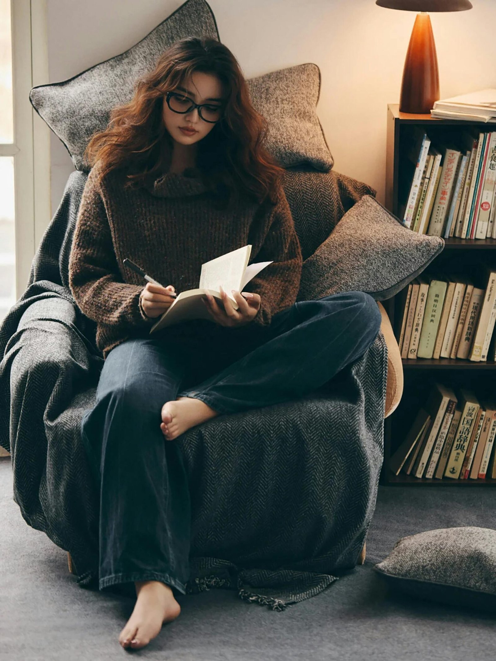 Young woman reading in a cozy nook with books, lamp, and cushions.
