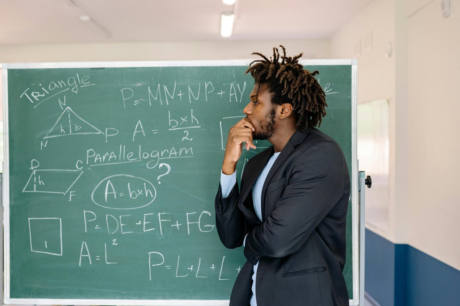 Teacher contemplating in front of a chalkboard with math equations.